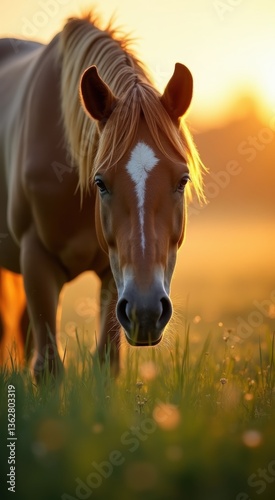 Brown horse with a white face is standing in a field of grass. The sun is setting, casting a warm glow on the horse and the grass. The scene is peaceful and serene