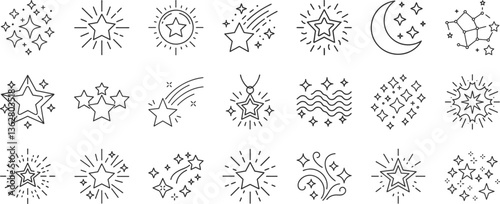 Stars line icon set. Vector pictograms of shooting star, constellation, moon phase, sparkling effect, neon burst thin linear illustration.