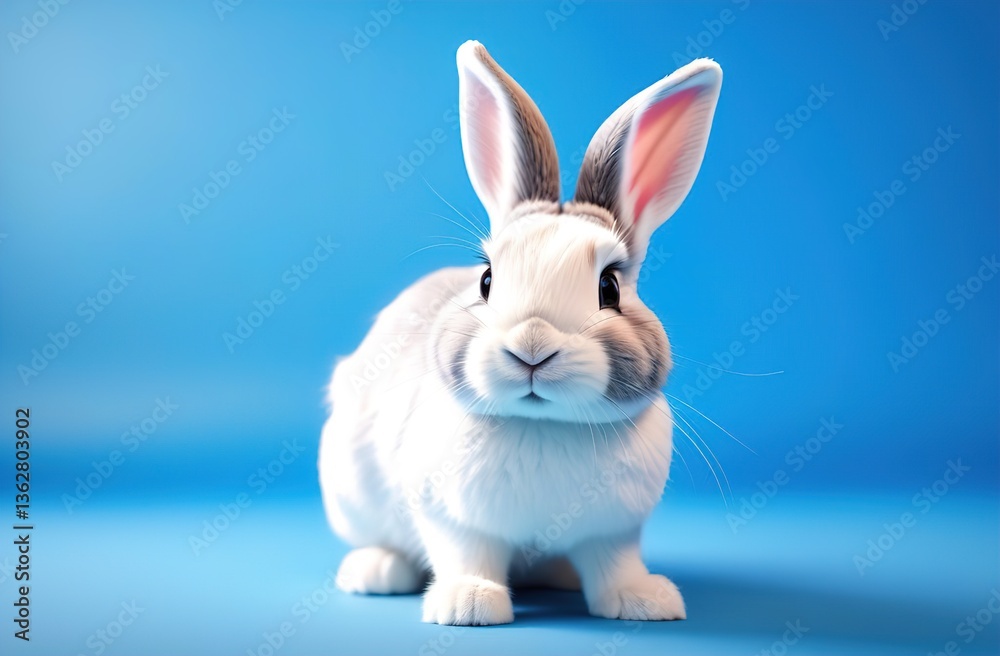 Obraz premium happy Easter. The banner. A rabbit is sitting on a blue background. An atmospheric, beautiful, stylish postcard. Holiday. Copy space.
