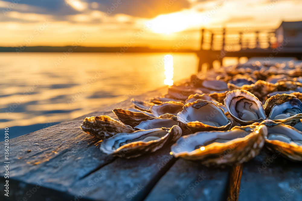 Fototapeta premium Oysters displayed on wooden dock with sunset reflecting off calm water. Warm golden hues create tranquil setting at evening. Concept of seafood, gourmet dining, restaurant marketing