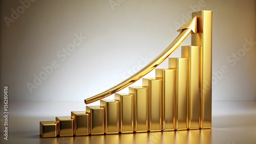 golden upward-trending arrow arching over a bar graph, also made of gold. The bars increase in height, showing significant growth
