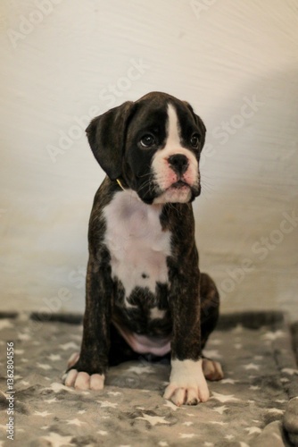 Beautiful cute funny  little brindle boxer puppy with white marks is posing inside in studio, nice portrait