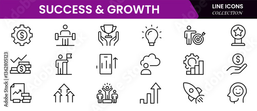 Success and growth web icons inline style. Handshake, growth profit, innovation, increase sale, coaching, progress, strategy, achievement, collection. Vector illustration.