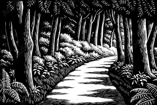 black and white walkway path in a green spring beech forest landscape