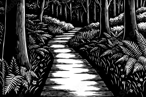 black and white walkway path in a green spring beech forest landscape