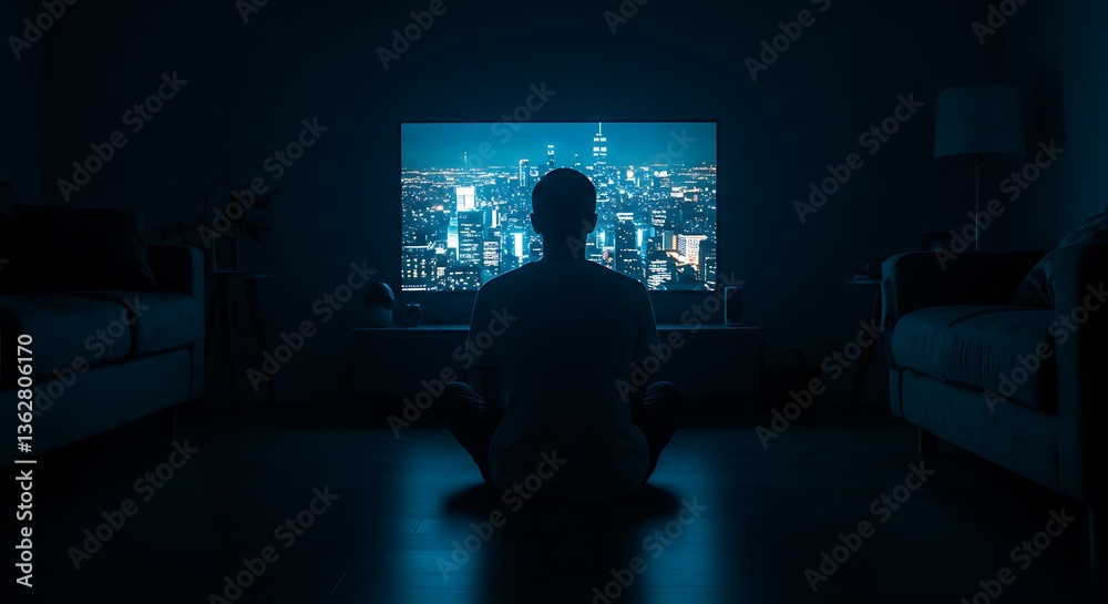Obraz premium Person Seated on the Floor in Dimly Lit Room, Engrossed in Television Show, City Scene with Bright Light Source on Screen, Deep Focus on Movie or TV, Cozy and Atmospheric Home Setting