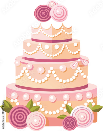 Elegant Pink Tiered Wedding Cake with Pearl Accents
