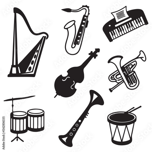 Musical instrument set. Accordion, guitar, harp, ethnic drum, violin, saxophone. Can be used for orchestra, acoustic concert, music, school concept vector