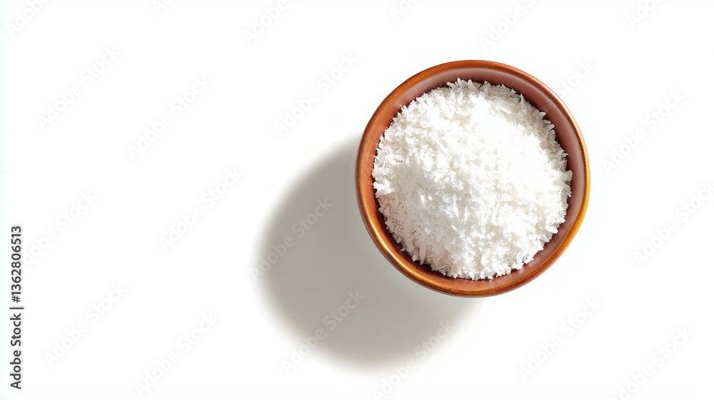 Bowl of fresh flour and coconut on white background for culinary and baking Bowl of fresh flour and coconut on white background for culinary and baking
