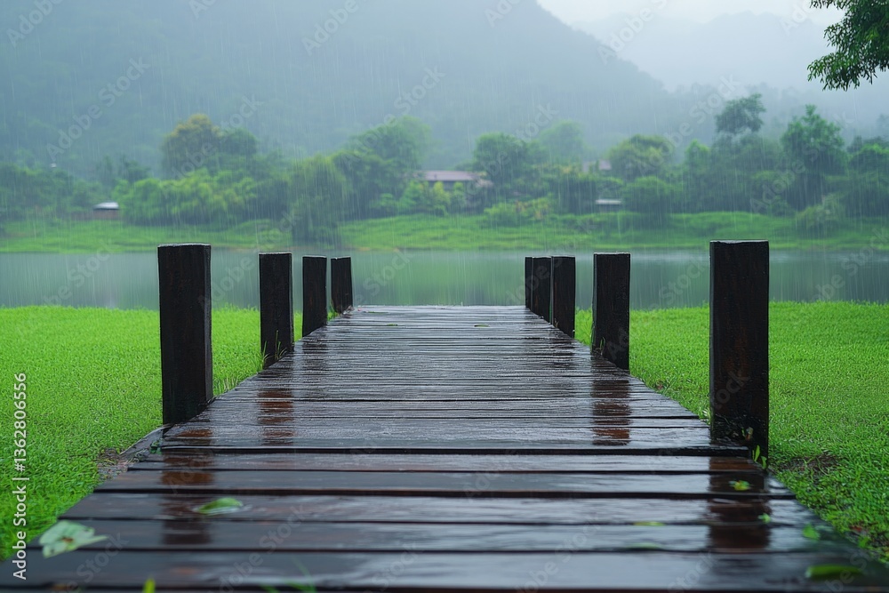 Naklejka premium Wooden pier extending over a serene lake in a lush landscape during a rainy day