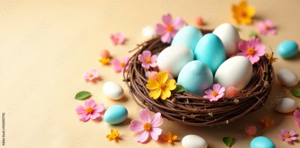 Whiter eggs with blue hue surrounded by a nest filled with colorful sweets and flowers on beige background, easter eggs, nest Whiter eggs with blue hue surrounded by a nest filled with colorful sweets and flowers on beige background, easter eggs, nest