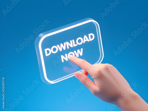 finger pressing button download now online hologram, promotional theme