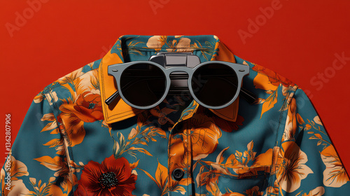 vibrant floral shirt with bold orange and blue patterns is paired with stylish sunglasses, set against striking red background, creating lively and fashionable look
