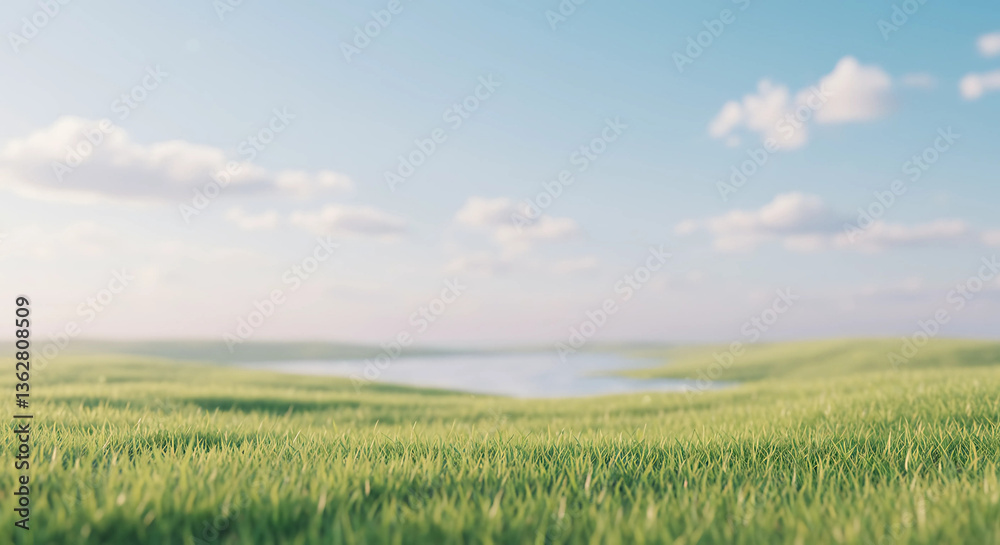 Obraz premium A grassy field with a lake and a cloudy blue sky above