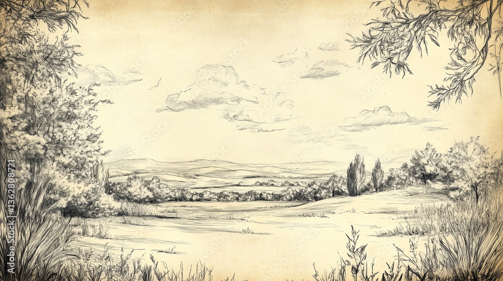 Fototapeta premium Vintage Ink Sketch of a Nature Scene on Aged Paper with Fine Details