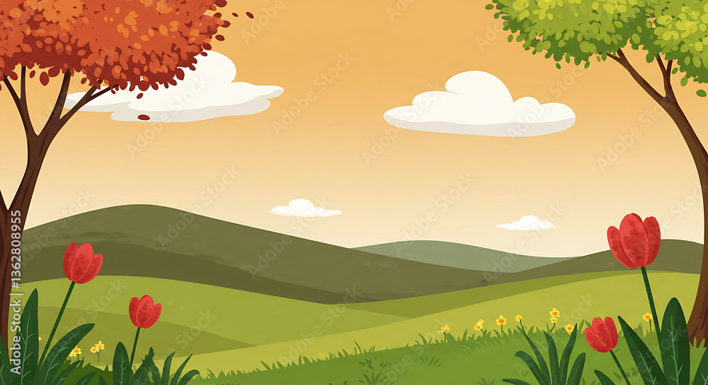 Fototapeta premium Cartoon landscape with trees, hills, flowers and clouds