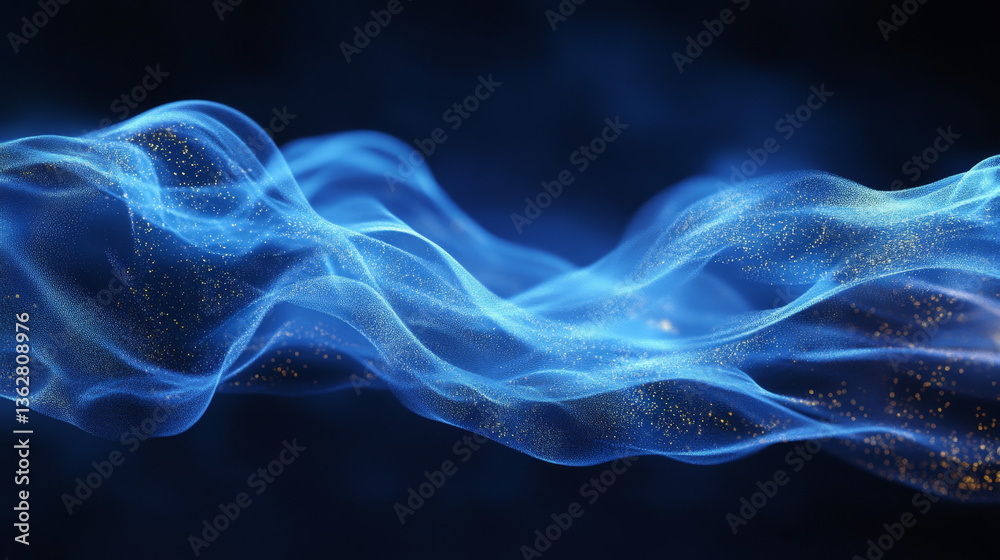Fototapeta premium Abstract Blue Wave with Golden Particles Digital Art Flowing Energy Technology Background