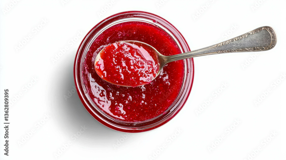 Delicious ginger and rhubarb jam with spoon on white background