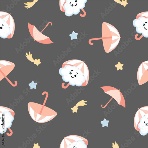 Seamless pattern of cute kawai clouds, stars and umbrella on grey background. Design for children's textiles, bed linen, pajamas, wallpaper and much more.