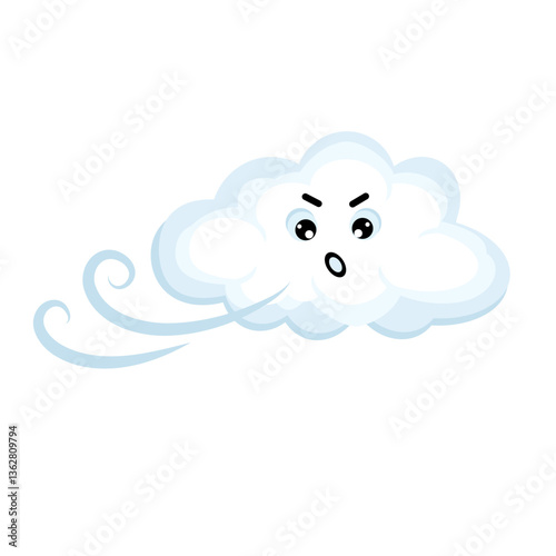 Cute sad kawai cloud. An angry cloud blows, creating wind. Vector cartoon style comic, weather icon.