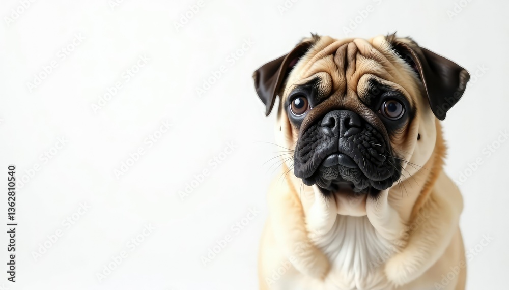 Single pug against pure white backdrop, showing details , funny, standing Single pug against pure white backdrop, showing details , funny, standing