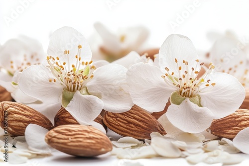 Almond blossoms and nuts create a tranquil arrangement showcasing nature's beauty in a bright setting