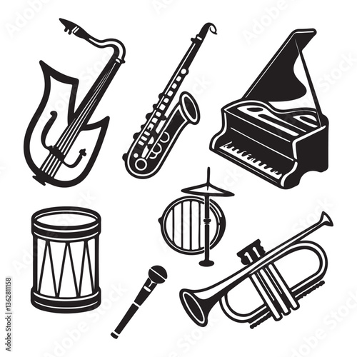 Musical instrument set. Accordion, guitar, harp, ethnic drum, violin, saxophone. Can be used for orchestra, acoustic concert, music, school concept vector