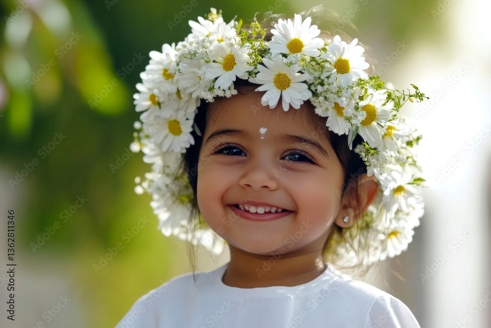 Happy summertime symbol. Sunny daylight. Happy middle eastern infant girl wearing white flower crown on her head. Girl with flower wreath. Child in nature with blossoms. Summer joy for kids. Happy summertime symbol. Sunny daylight. Happy middle eastern infant girl wearing white flower crown on her head. Girl with flower wreath. Child in nature with blossoms. Summer joy for kids.