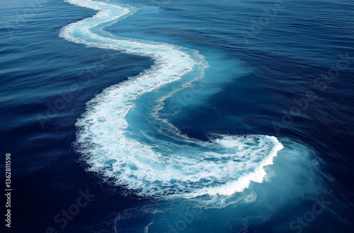 Hyper-realistic aerial view of a dark blue ocean wave in a minimalist style, captured in high resolution with cinematic lighting from a top-down perspective for a stunning visual effect
