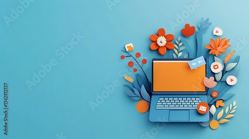 Papercraft Laptop and Floral Design: Springtime Digital Illustration AI Generated