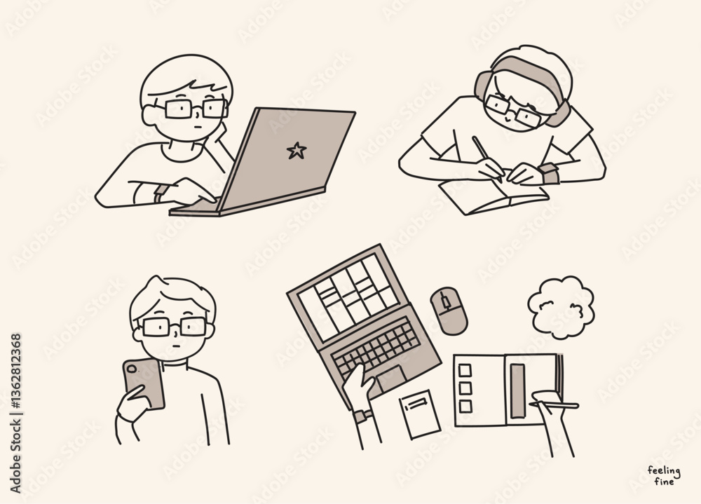 Working , content creator, Man work form home line illustration Working , content creator, Man work form home line illustration