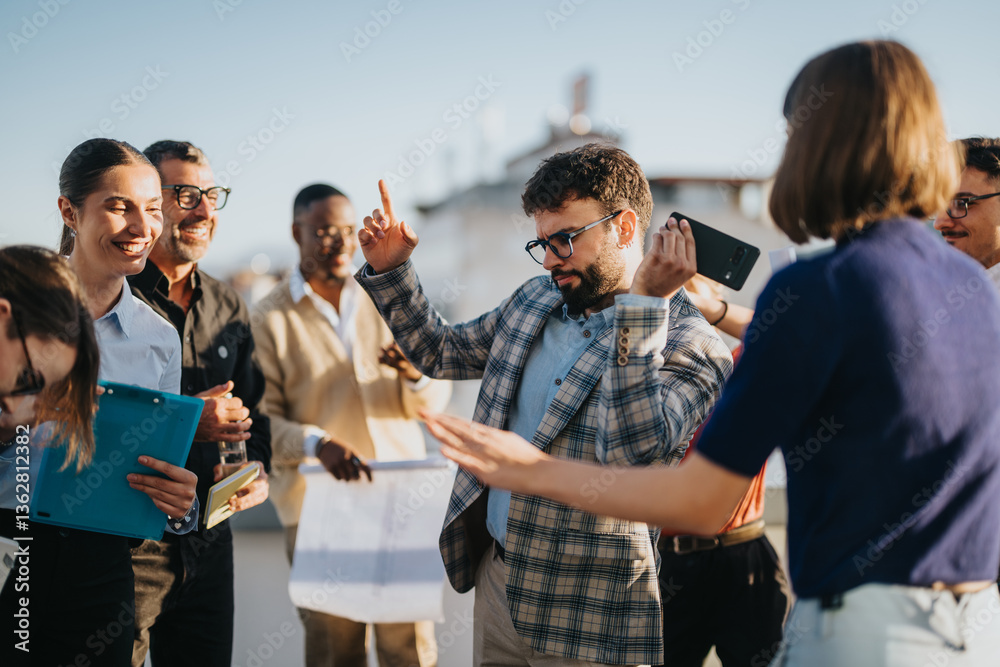 A group of multiracial business people are celebrating on a high tower balcony at sunset. The scene captures joy, teamwork, and diversity in a relaxed outdoor environment. A group of multiracial business people are celebrating on a high tower balcony at sunset. The scene captures joy, teamwork, and diversity in a relaxed outdoor environment.