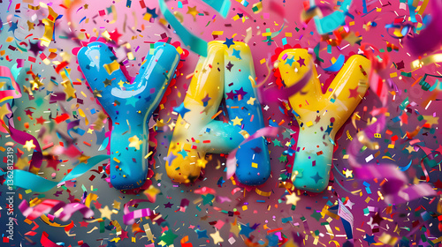 Colorful Festive 'YAY' Text Design with Confetti, Streamers, and Sparkles for Celebratory Occasions