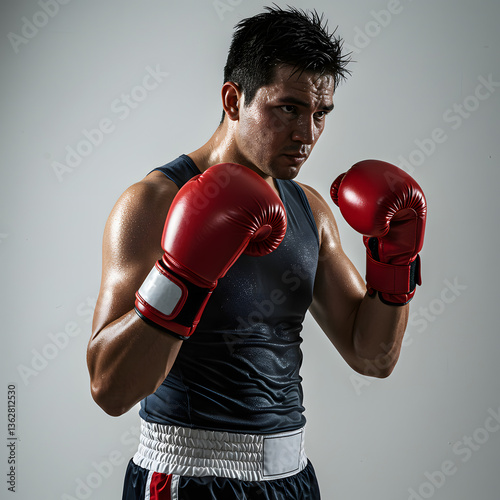 A professional boxer standing in a strong and determined pose. The athlete is wearing red boxing gloves.