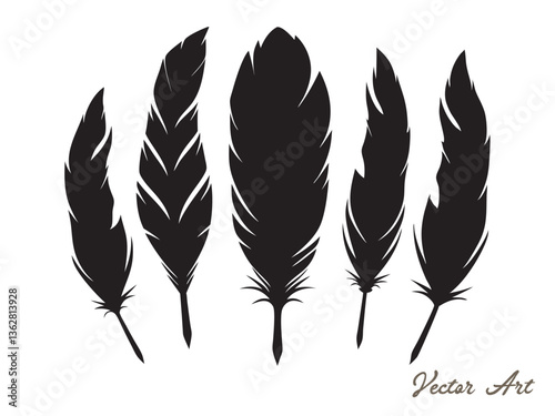 Set of Bird Feather icon, Feathers vector set in a flat style, Black quill feather silhouette and outline vector illustration