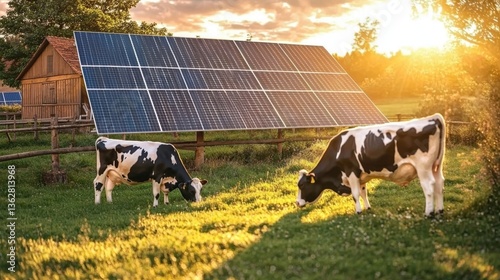 Symbiotic farming: Cows grazing near solar panels enhancing sustainability