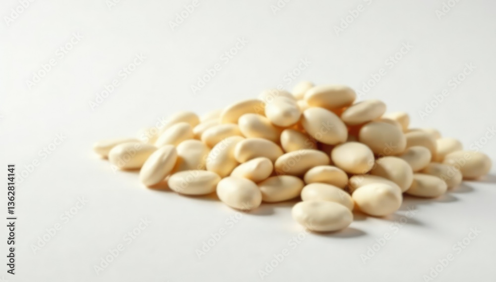 Pile of white beans on pristine white surface, texture, heap Pile of white beans on pristine white surface, texture, heap