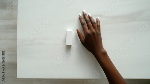 A graceful dark-skinned hand resting on a sleek white surface, isolated with a transparent background.