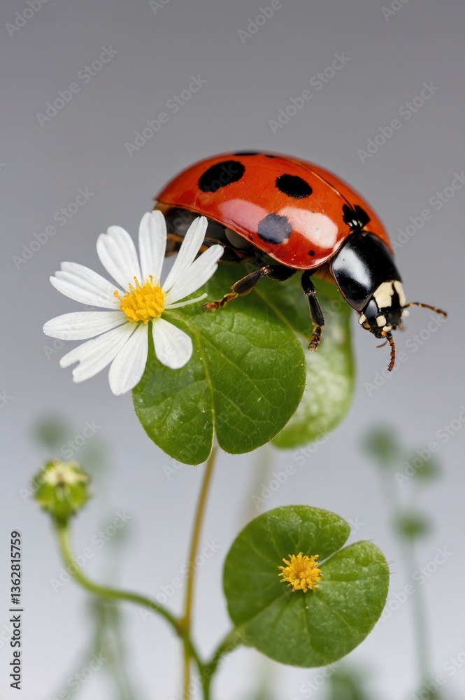 Fototapeta premium Ladybug Resting on Delicate White Flower in Spring Garden Setting