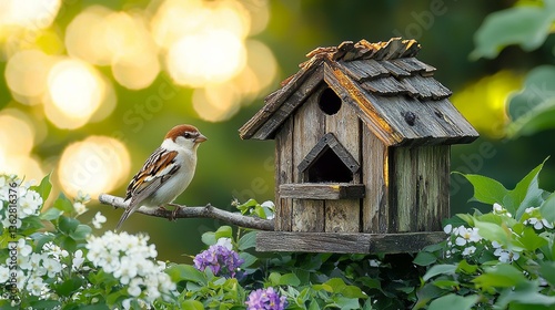 Sparrow perched near a charming birdhouse amidst blooming springtime flora
