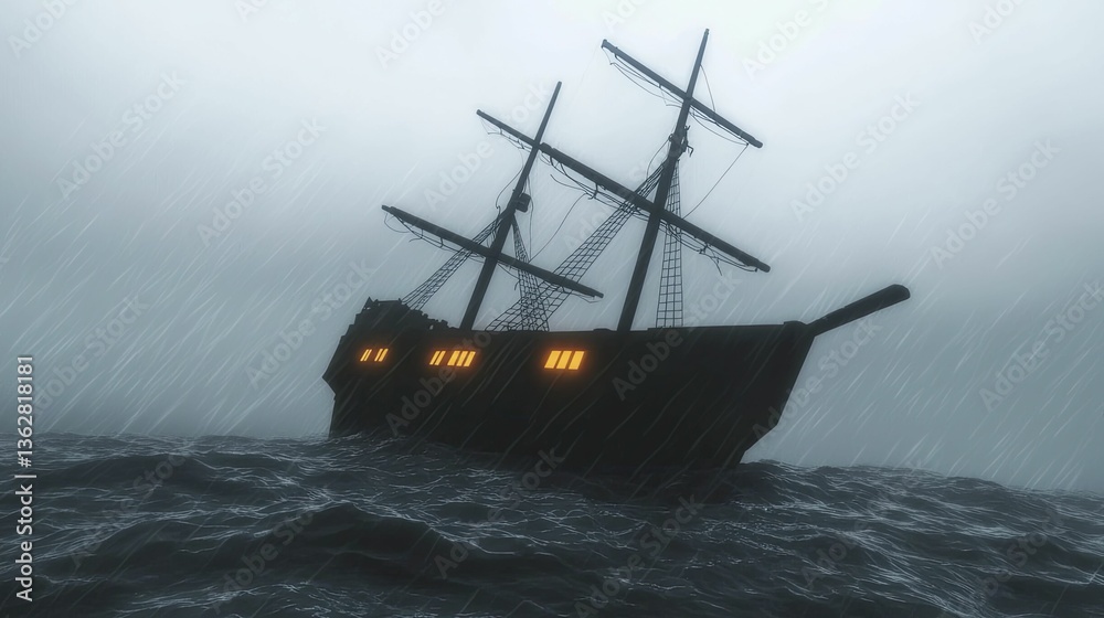 Obraz premium A ghostly ship sails through a stormy sea its glowing windows piercing the mist