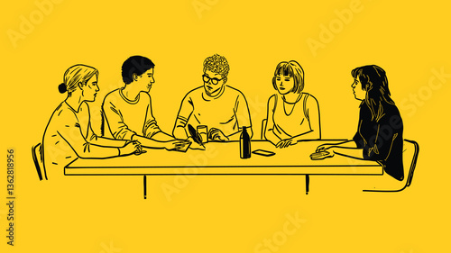 Group of People Sitting Around a Table for a Discussion – Yellow Background