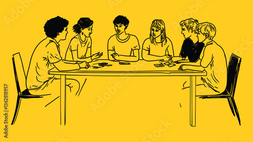 Group of People Sitting Around a Table for a Discussion – Yellow Background