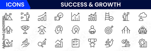 Success and growth web icons inline style. Handshake, growth profit, innovation, increase sale, coaching, progress, strategy, achievement, collection. Vector illustration.