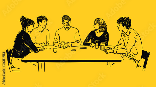Group of People Sitting Around a Table for a Discussion – Yellow Background