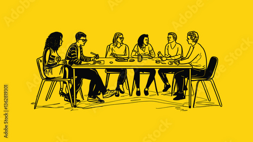 Group of People Sitting Around a Table for a Discussion – Yellow Background