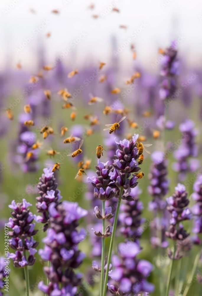 Obraz premium Golden bee swarm above vibrant purple lavender field, color, honey