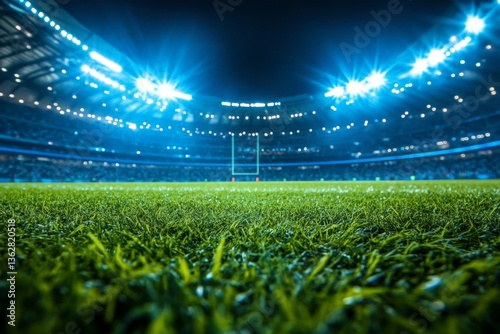 Stadium grass glimmers under bright lights during a rugby match at night