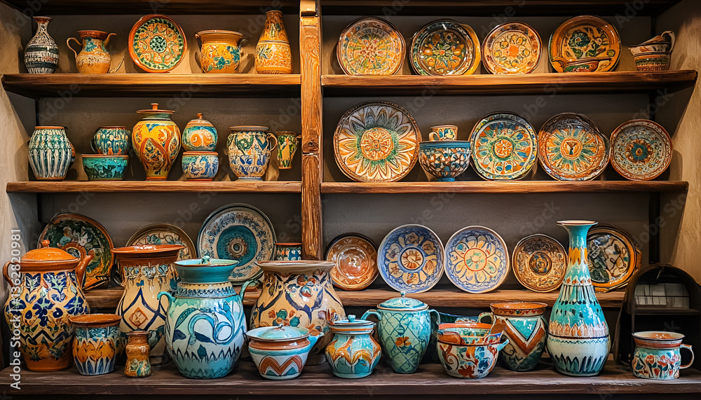 Fototapeta premium Colorful Ceramic Pottery Display in cookware Store Window. Concept of Artisanal Craftsmanship, Cultural Aesthetics, Traditional Handcrafted Art, kitchenware shop, Vibrant Home Decor, tableware