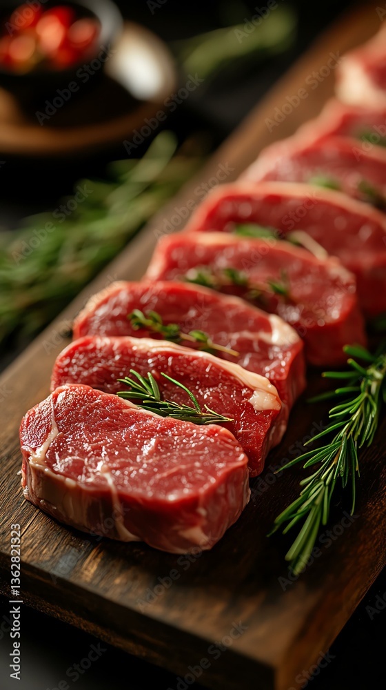 Premium beef steak Succulent slices of high-quality marbled meat arranged on a wooden board, garnished with fresh herbs, perfect for gourmet cooking and culinary presentations. Premium beef steak Succulent slices of high-quality marbled meat arranged on a wooden board, garnished with fresh herbs, perfect for gourmet cooking and culinary presentations.